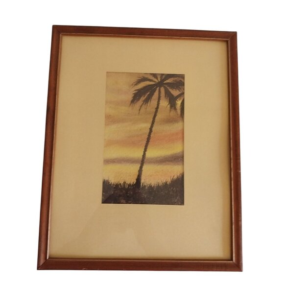 Tropical Palm Tree Watercolor Painting With Sunset Hues Island Beach Signed - Picture 1 of 6